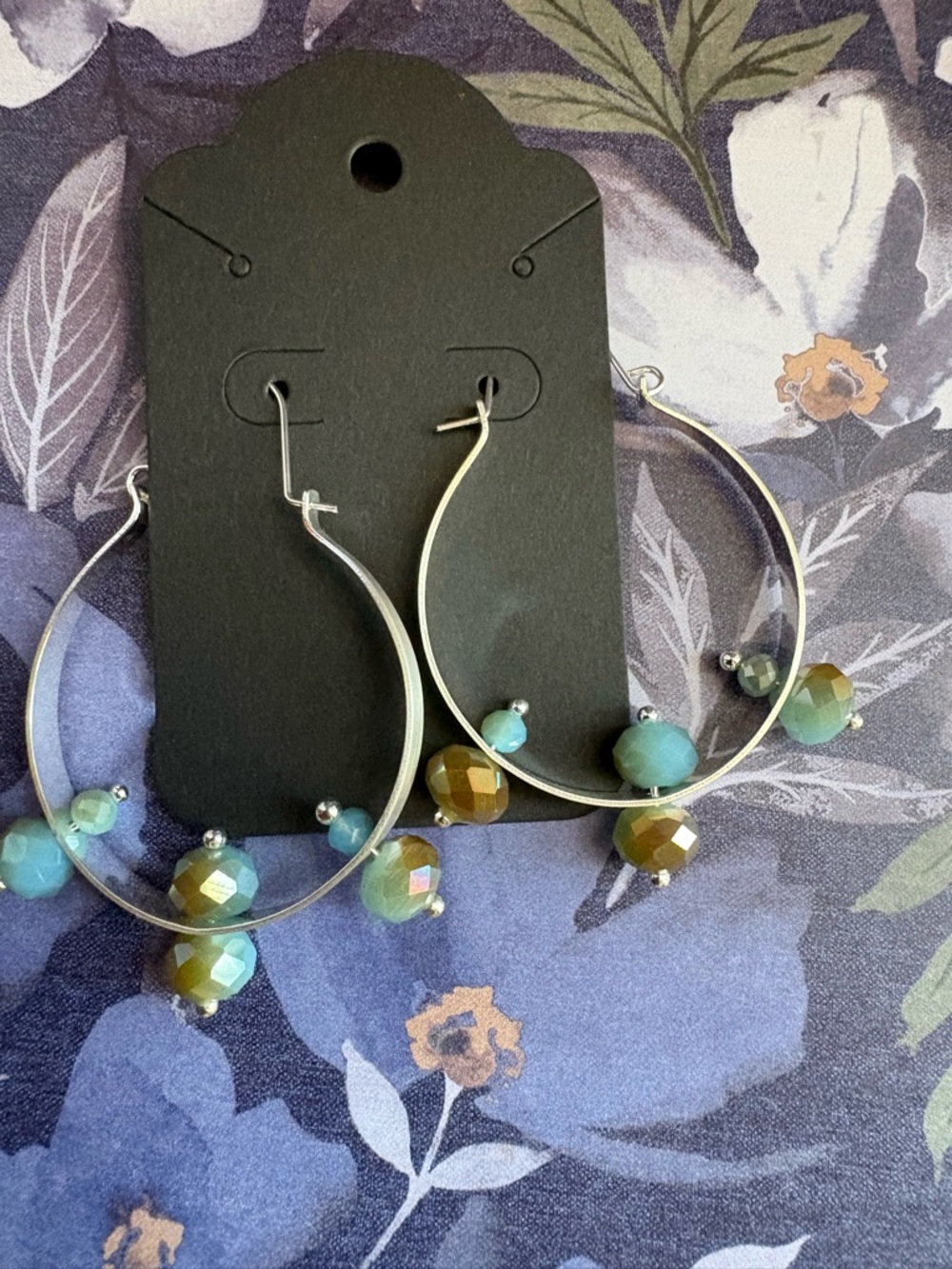 Silver Hoop Earrings with Blue-Green Beads